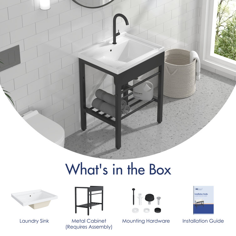 24" White Ceramic Freestanding Laundry Sink with Black Metal Frame