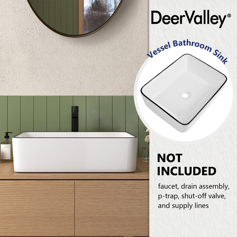 19" White Ceramic Rectangular Vessel Sink with Black Trim