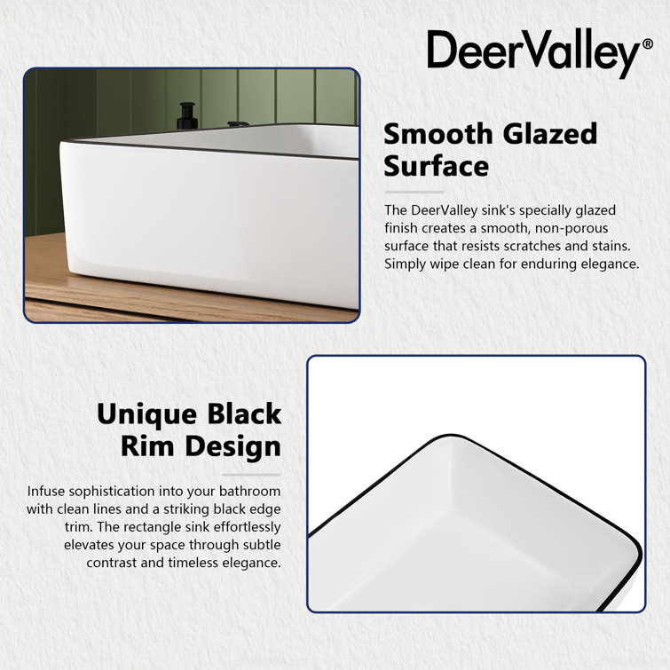 19" White Ceramic Rectangular Vessel Sink with Black Trim