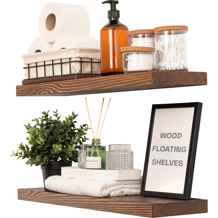 Walnut Pine Wood Floating Wall Shelves, Set of 2