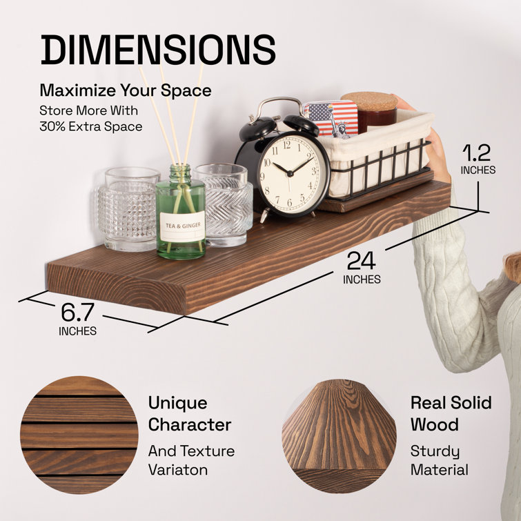 Walnut Pine Wood Floating Wall Shelves, Set of 2