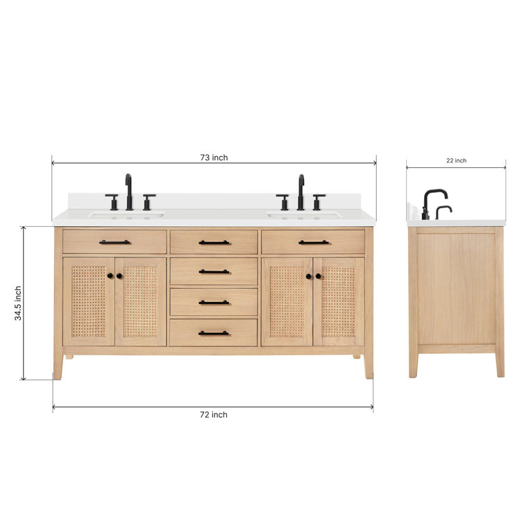 Camila 73'' Light Brown Double Sink Freestanding Vanity with White Quartz Top