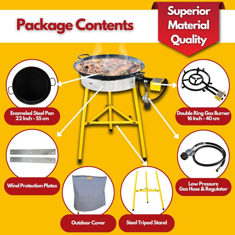 22-Inch Black and Yellow Dual Burner Paella Pan Set
