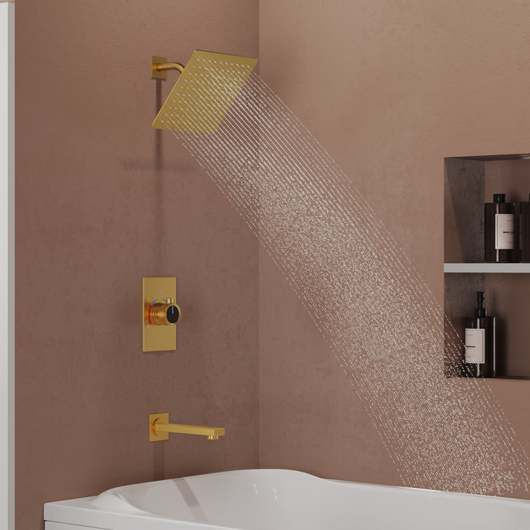 Brushed Gold Wall-Mounted Rain Shower and Tub Faucet Set