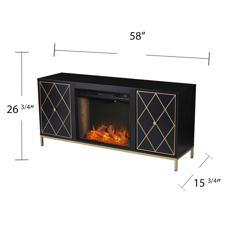 Black Electric Fireplace Media Console with Gold Accents