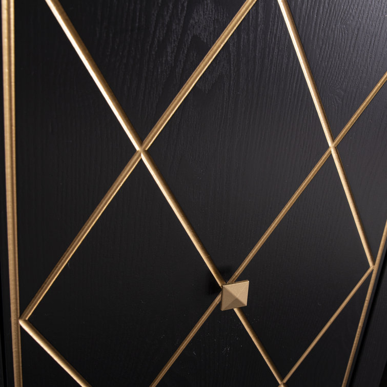 Black Electric Fireplace Media Console with Gold Accents