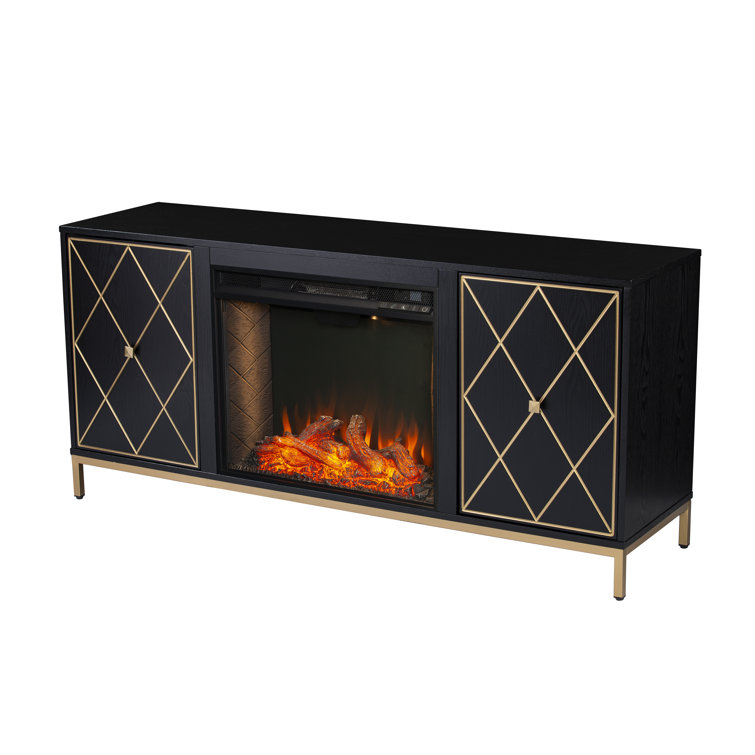 Black Electric Fireplace Media Console with Gold Accents