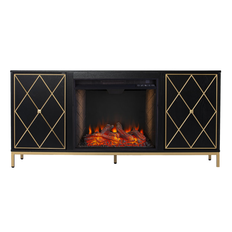 Black Electric Fireplace Media Console with Gold Accents