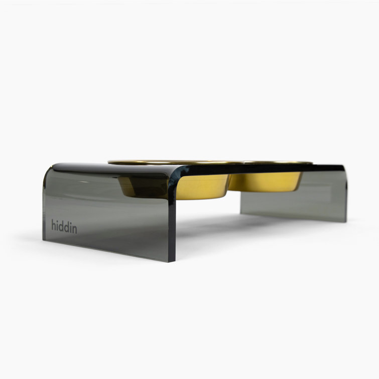 Small Smoke Grey Elevated Pet Feeder with Gold Bowls