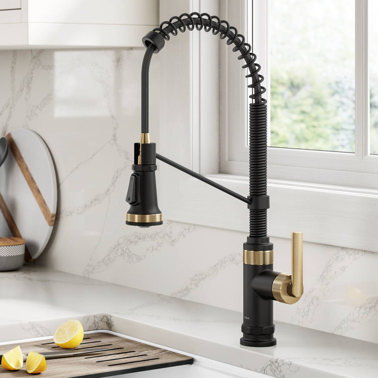 Allyn Matte Black and Brushed Brass Pull-Down Kitchen Faucet