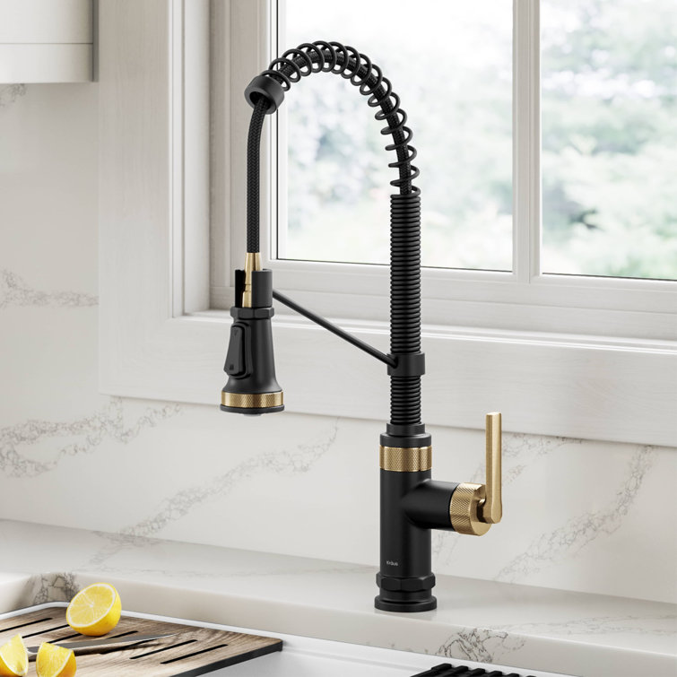 Allyn Matte Black and Brushed Brass Pull-Down Kitchen Faucet