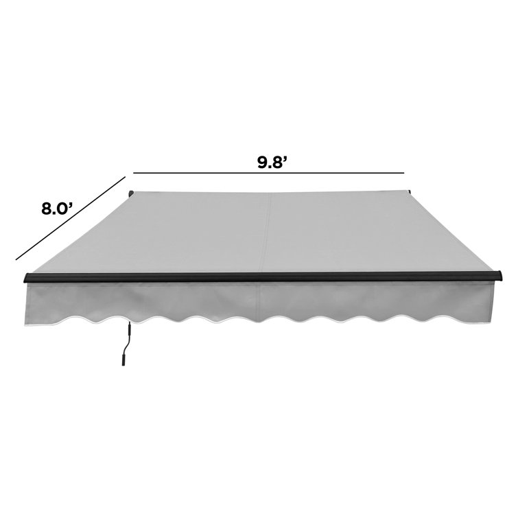 Gray and White Striped Retractable Patio Awning with Black Frame