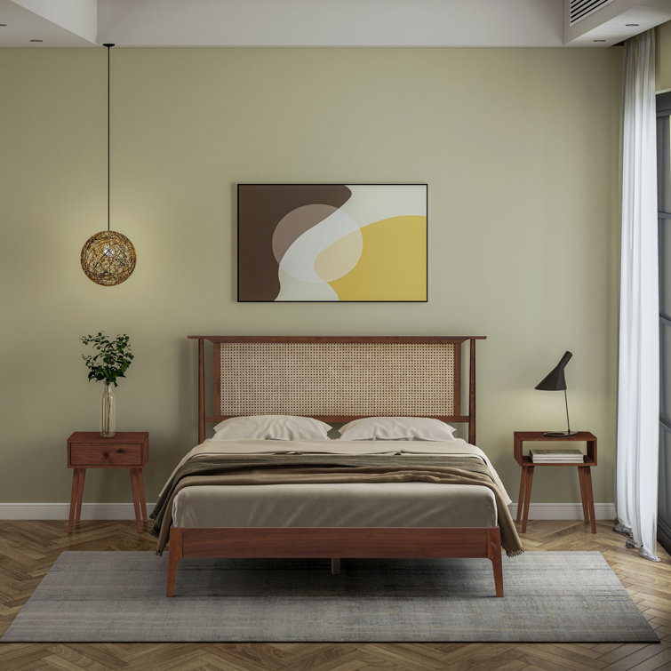 Queen Dark Walnut Wood Bed Frame with Rattan Headboard