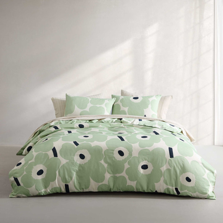 King Size Green and White Organic Cotton Floral Duvet Cover Set