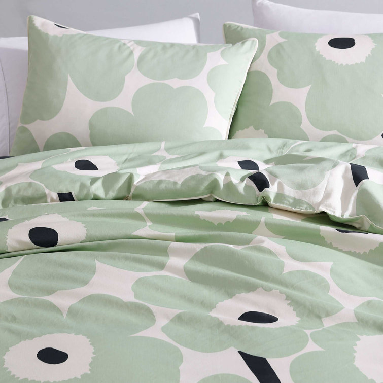 King Size Green and White Organic Cotton Floral Duvet Cover Set