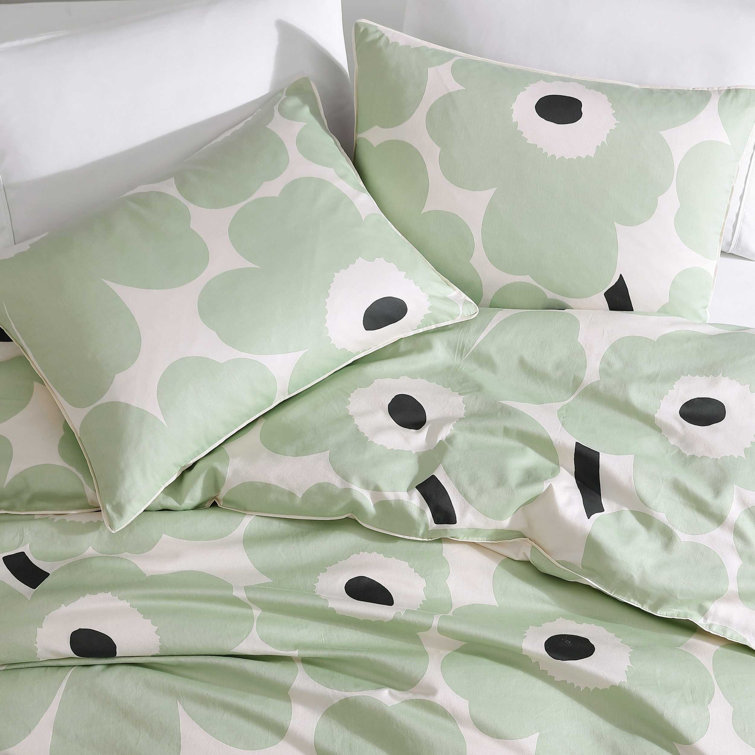 King Size Green and White Organic Cotton Floral Duvet Cover Set