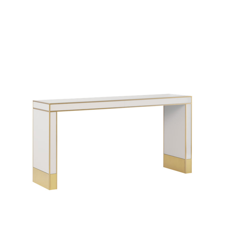 Ivory and Gold Glass Top Console Table with Brass Accents