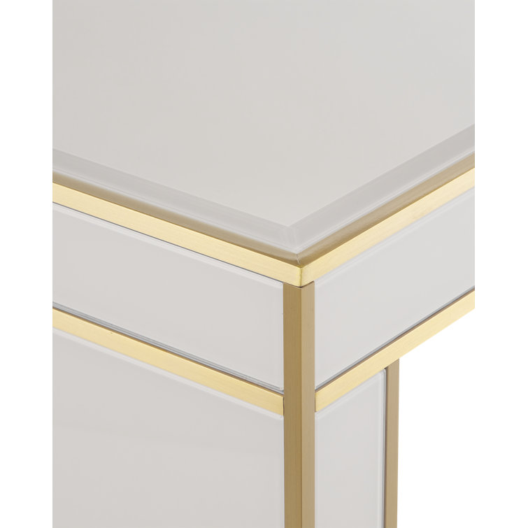 Ivory and Gold Glass Top Console Table with Brass Accents