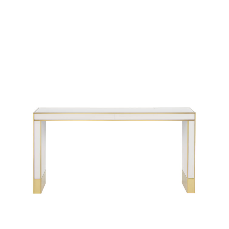 Ivory and Gold Glass Top Console Table with Brass Accents