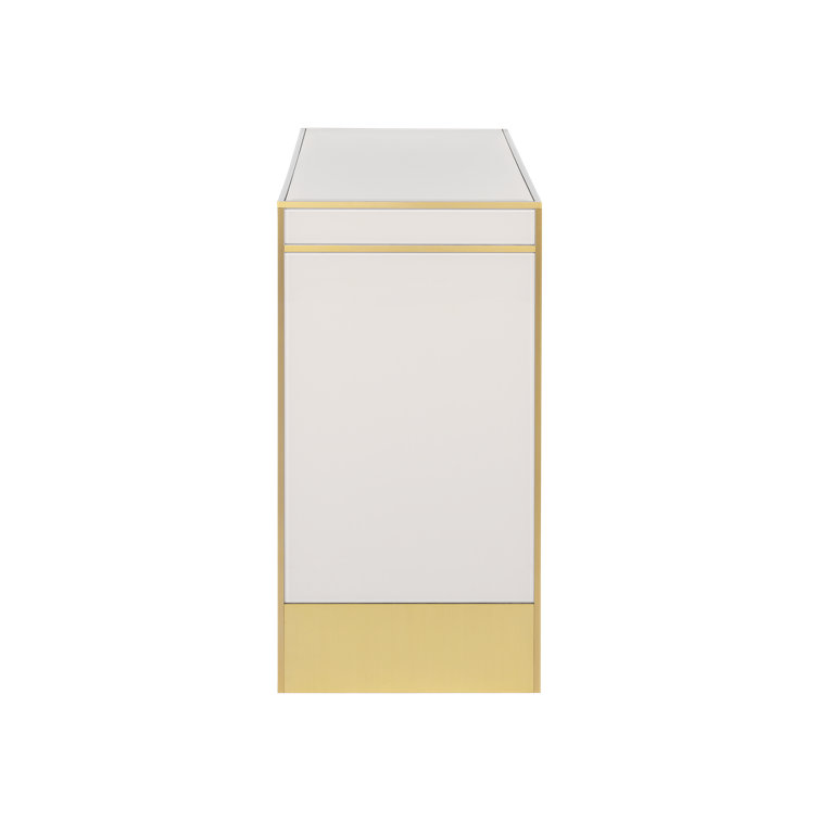 Ivory and Gold Glass Top Console Table with Brass Accents