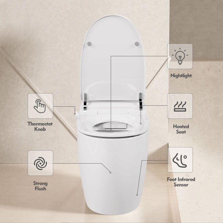 Heated Seat Smart White Polypropylene One-Piece Toilet with Foot Sensor