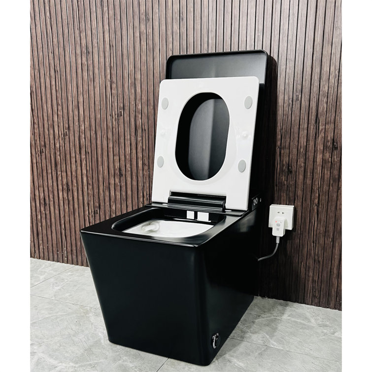 Matte Black Square Ceramic Smart Toilet with Built-In Tank and Heated Seat