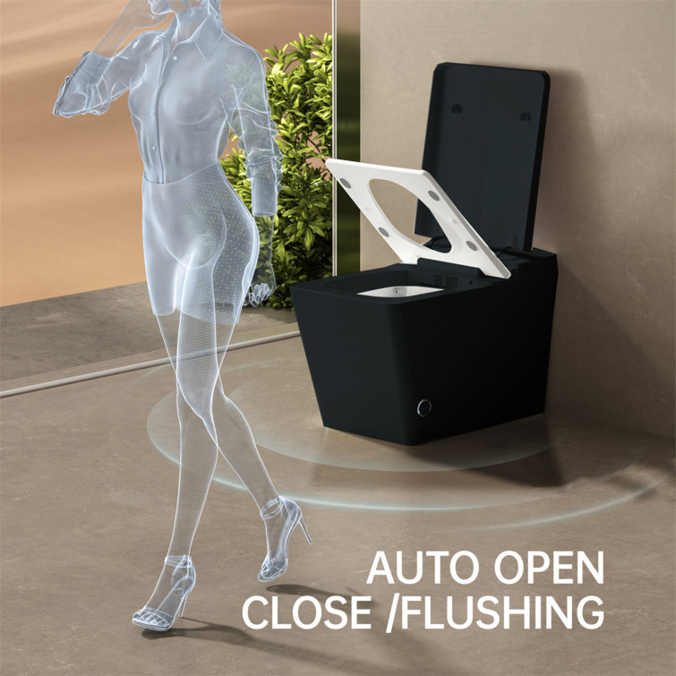 Matte Black Square Ceramic Smart Toilet with Built-In Tank and Heated Seat