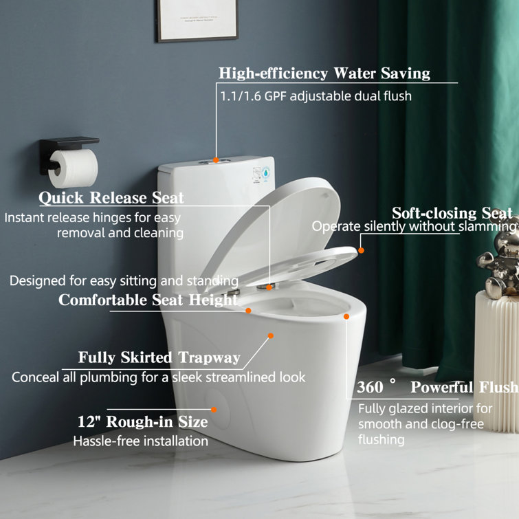 Glossy White Ceramic Dual Flush One-Piece Elongated Toilet