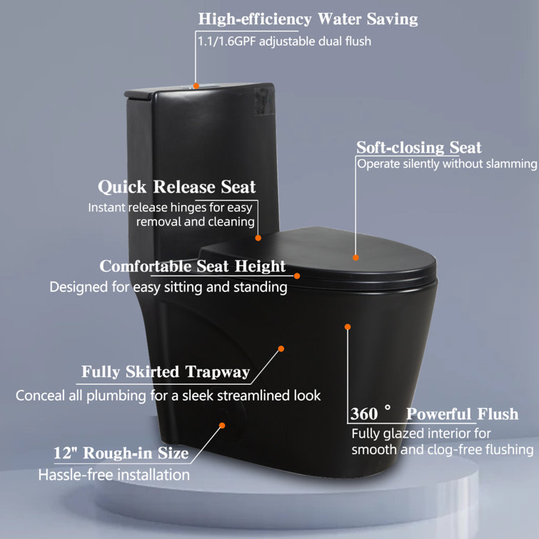 Matte Black High Efficiency Dual Flush One-Piece Elongated Toilet