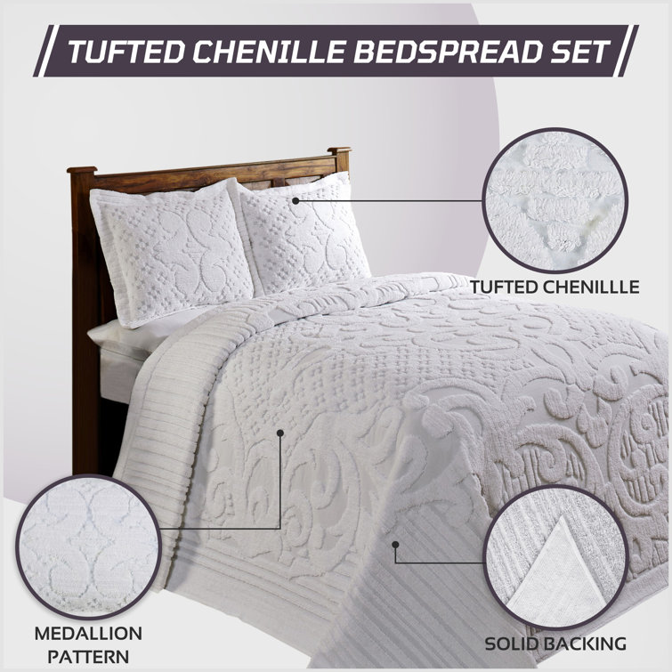White Twin Cotton Reversible Tufted Medallion Bedspread Set