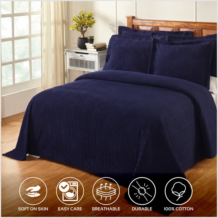 Navy Full Cotton Chenille Bedspread Set with Shams