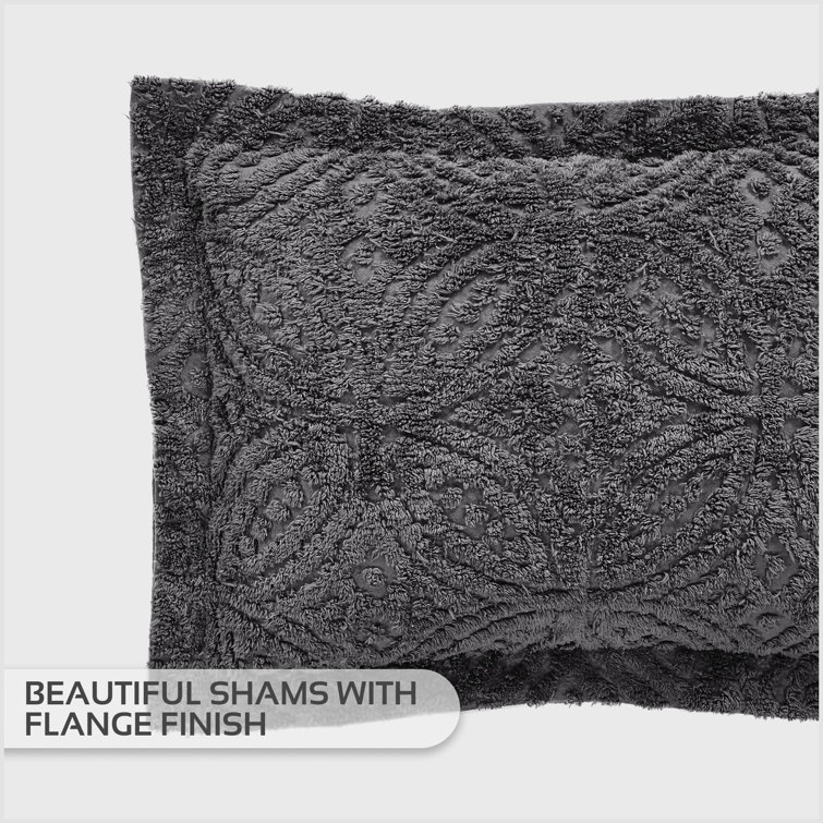 Gray Full Cotton Chenille Tufted Bedspread Set with Shams