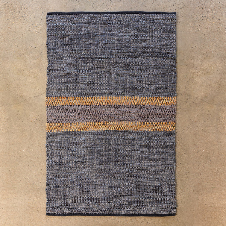 Gray and Caramel Recycled Leather Striped 4' x 6' Rug
