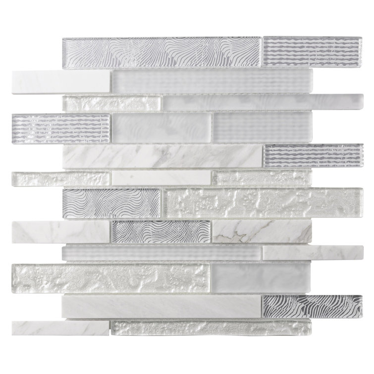 White and Silver Linear Mosaic Glass and Marble Tile