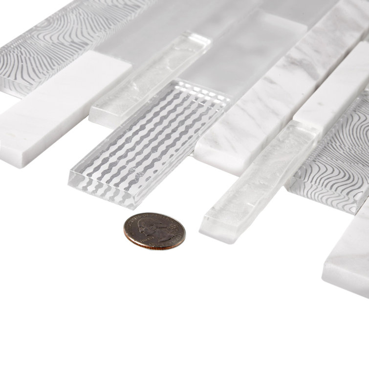 White and Silver Linear Mosaic Glass and Marble Tile