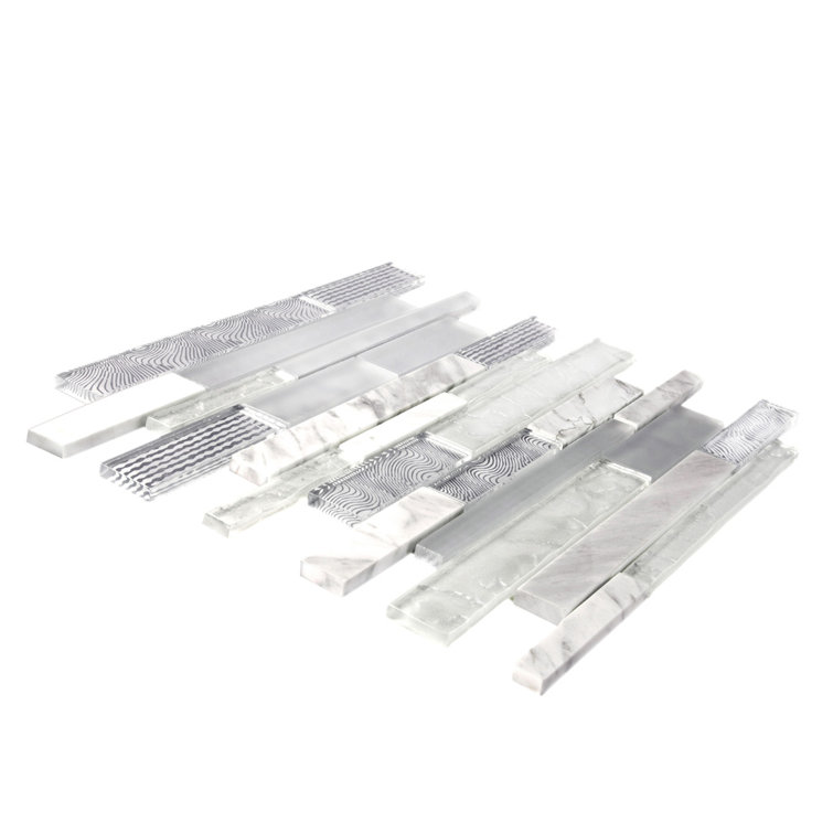 White and Silver Linear Mosaic Glass and Marble Tile