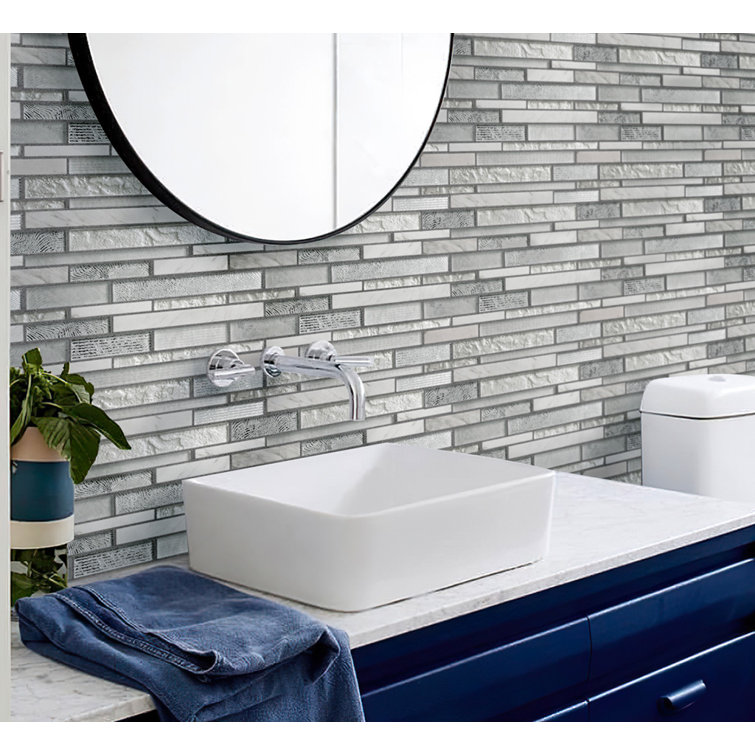 White and Silver Linear Mosaic Glass and Marble Tile
