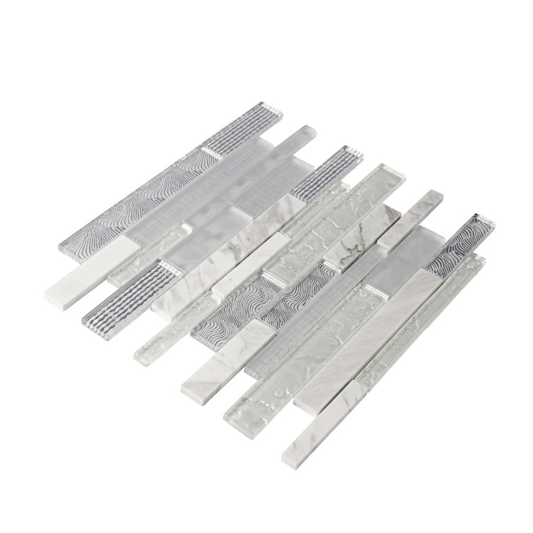 White and Silver Linear Mosaic Glass and Marble Tile