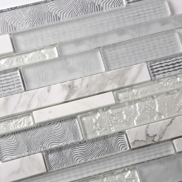 White and Silver Linear Mosaic Glass and Marble Tile