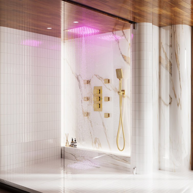 12" Flush Mounted Luxury Thermostatic Rainfall Shower System with LED and 6 Body Jets