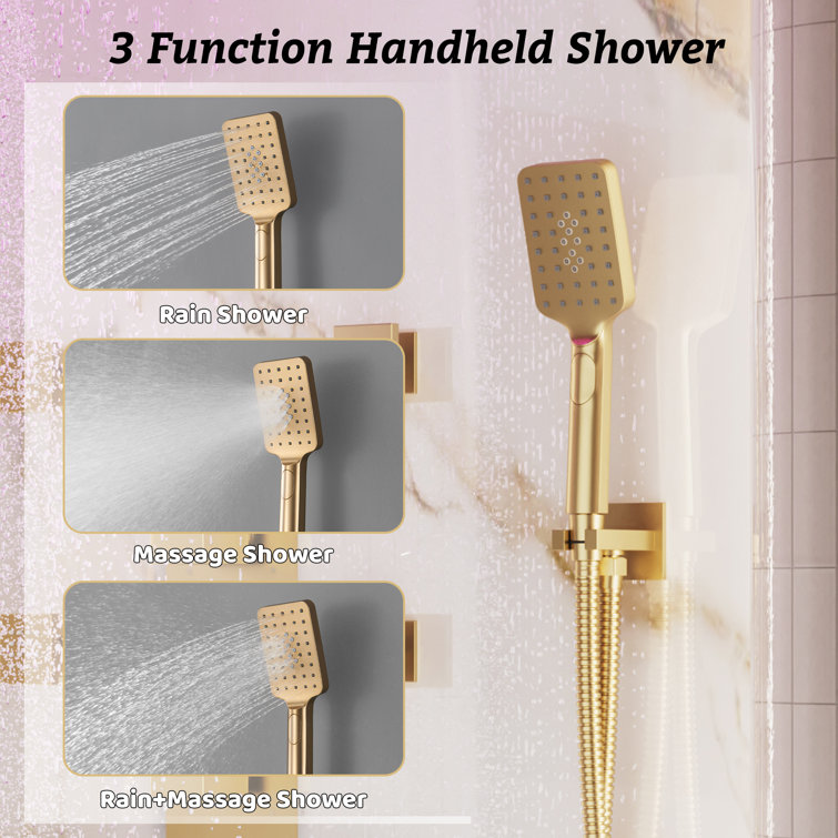 12" Flush Mounted Luxury Thermostatic Rainfall Shower System with LED and 6 Body Jets