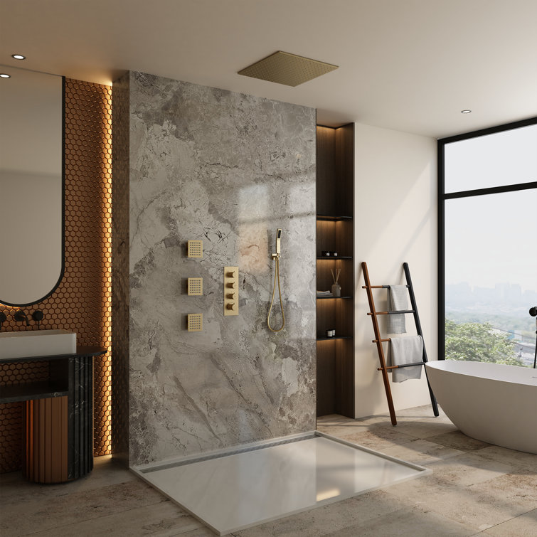 Large Brushed Gold Dual Ceiling Mounted Shower System with Body Jets