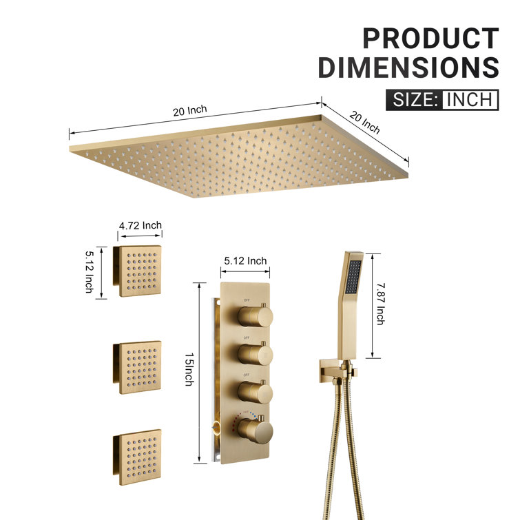 Large Brushed Gold Dual Ceiling Mounted Shower System with Body Jets