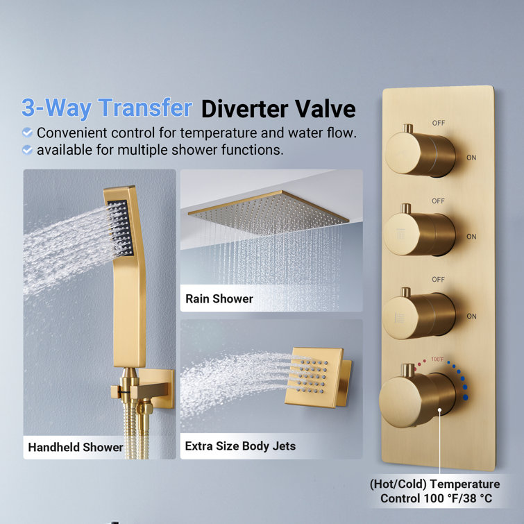 Large Brushed Gold Dual Ceiling Mounted Shower System with Body Jets