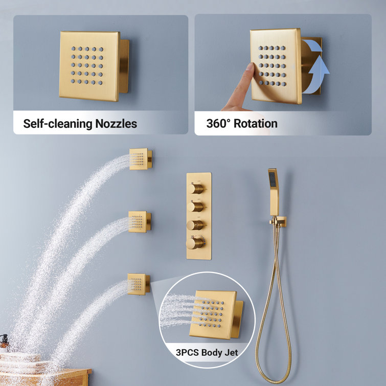 Large Brushed Gold Dual Ceiling Mounted Shower System with Body Jets