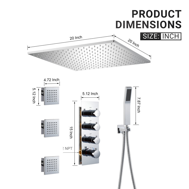 Large Chrome Dual Square Ceiling Mounted Shower System with Body Jets