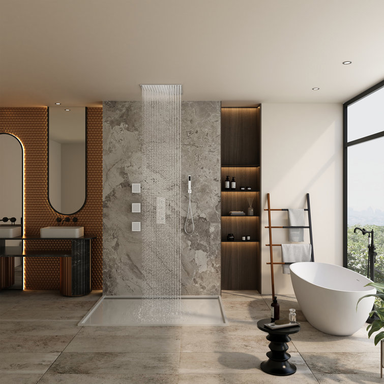 Large Chrome Dual Square Ceiling Mounted Shower System with Body Jets
