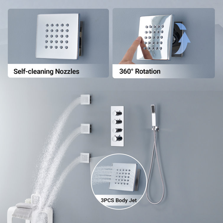 Large Chrome Dual Square Ceiling Mounted Shower System with Body Jets