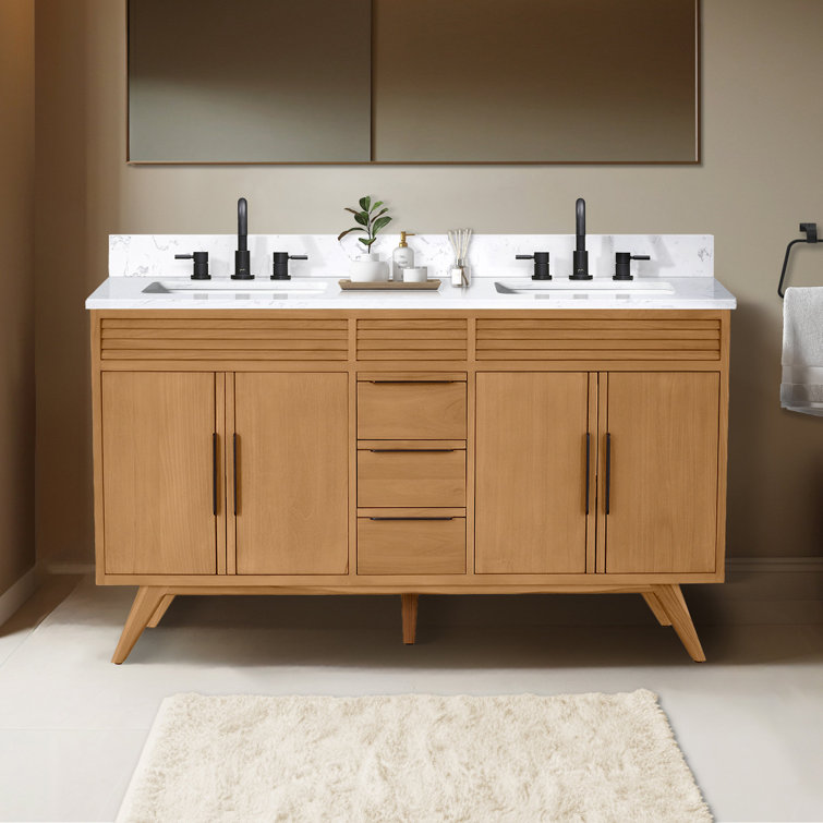 Taylor 61" Natural Teak Double Sink Vanity with White Stone Top