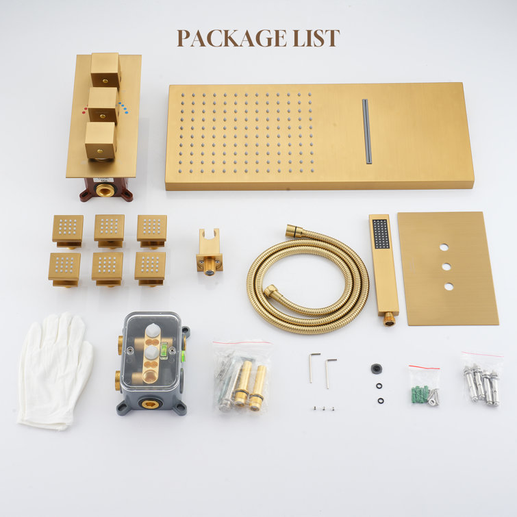 Brushed Gold Dual Rectangle Ceiling Mount Shower System with Body Jets